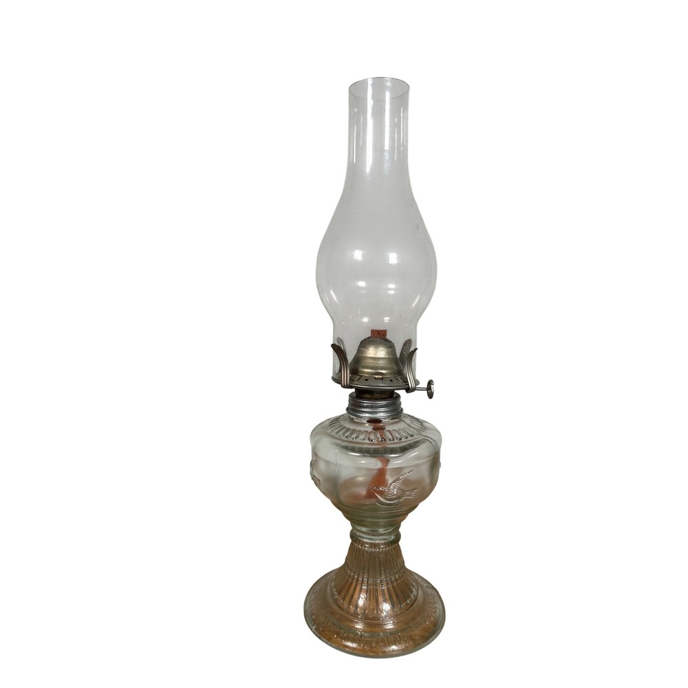 Paloma Oil Lamp Clear Glass Embossed Bird Hurricane Chimney Primitive Rustic VTG